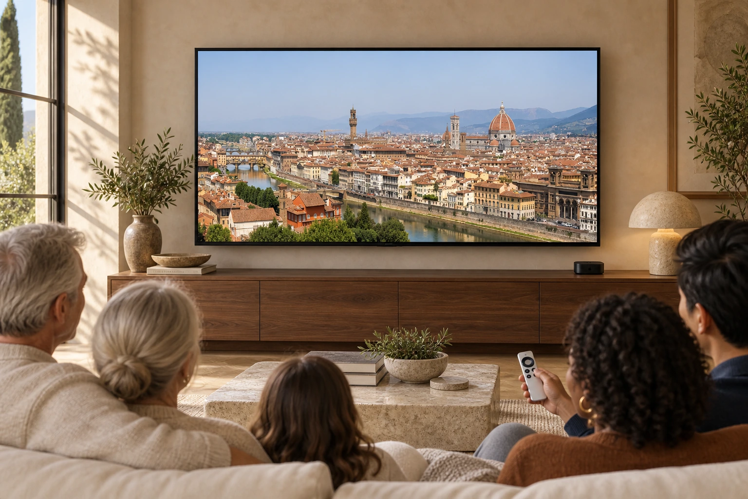 A group of different ages watches Florence on a television while one person holds an Apple TV remote