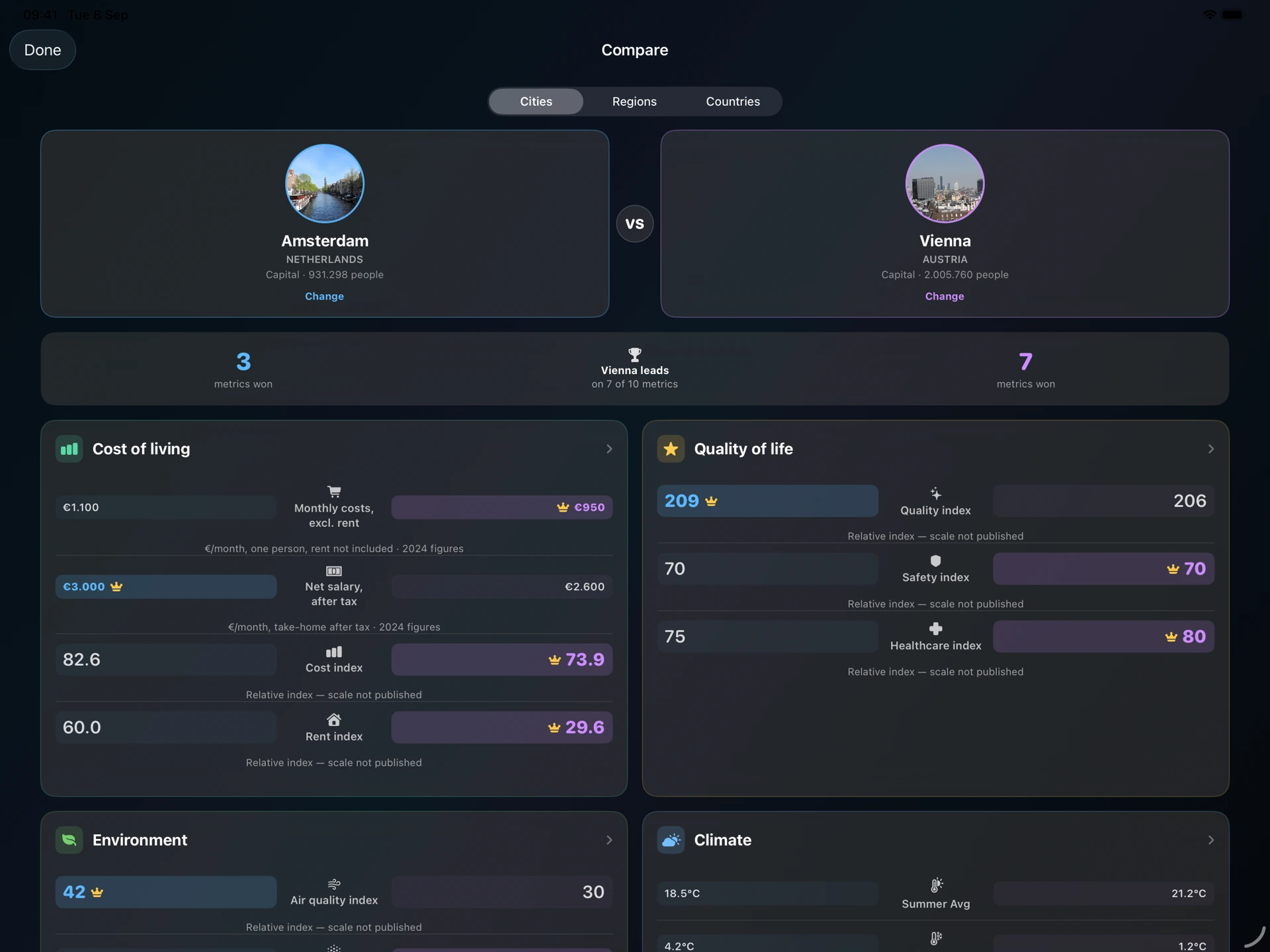 The full landscape iPad comparison of Amsterdam and Vienna