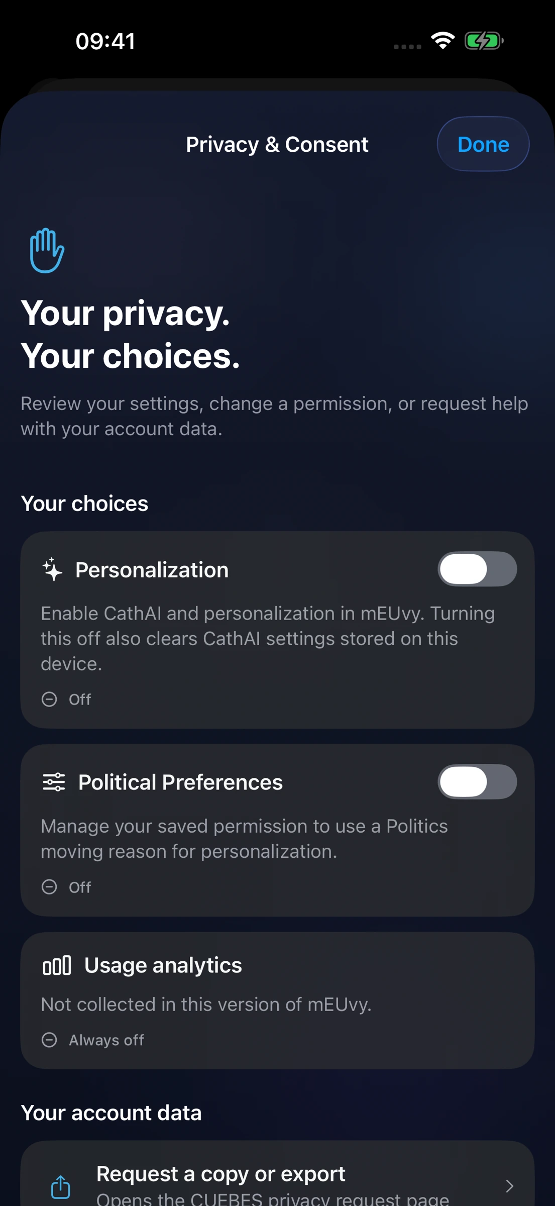 The redesigned mEUvy Privacy and Consent screen showing personalization, political preferences and analytics status