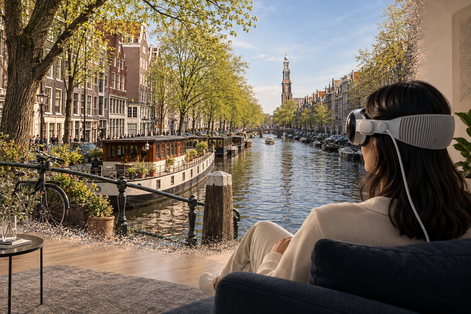 Over the shoulder of a woman wearing Vision Pro, an illustrated Amsterdam canal extends into the room