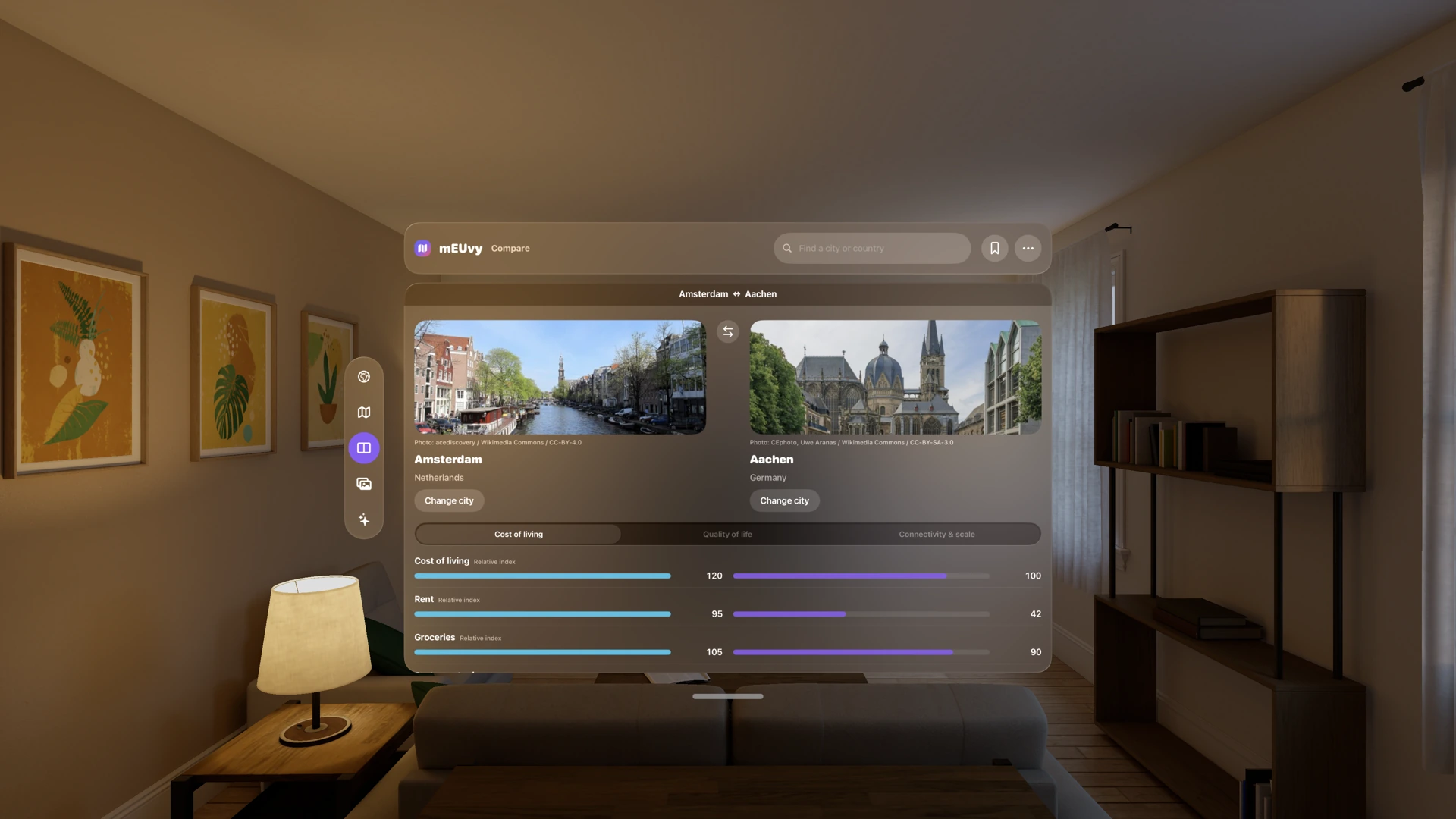 The mEUvy visionOS prototype comparing Amsterdam and Aachen