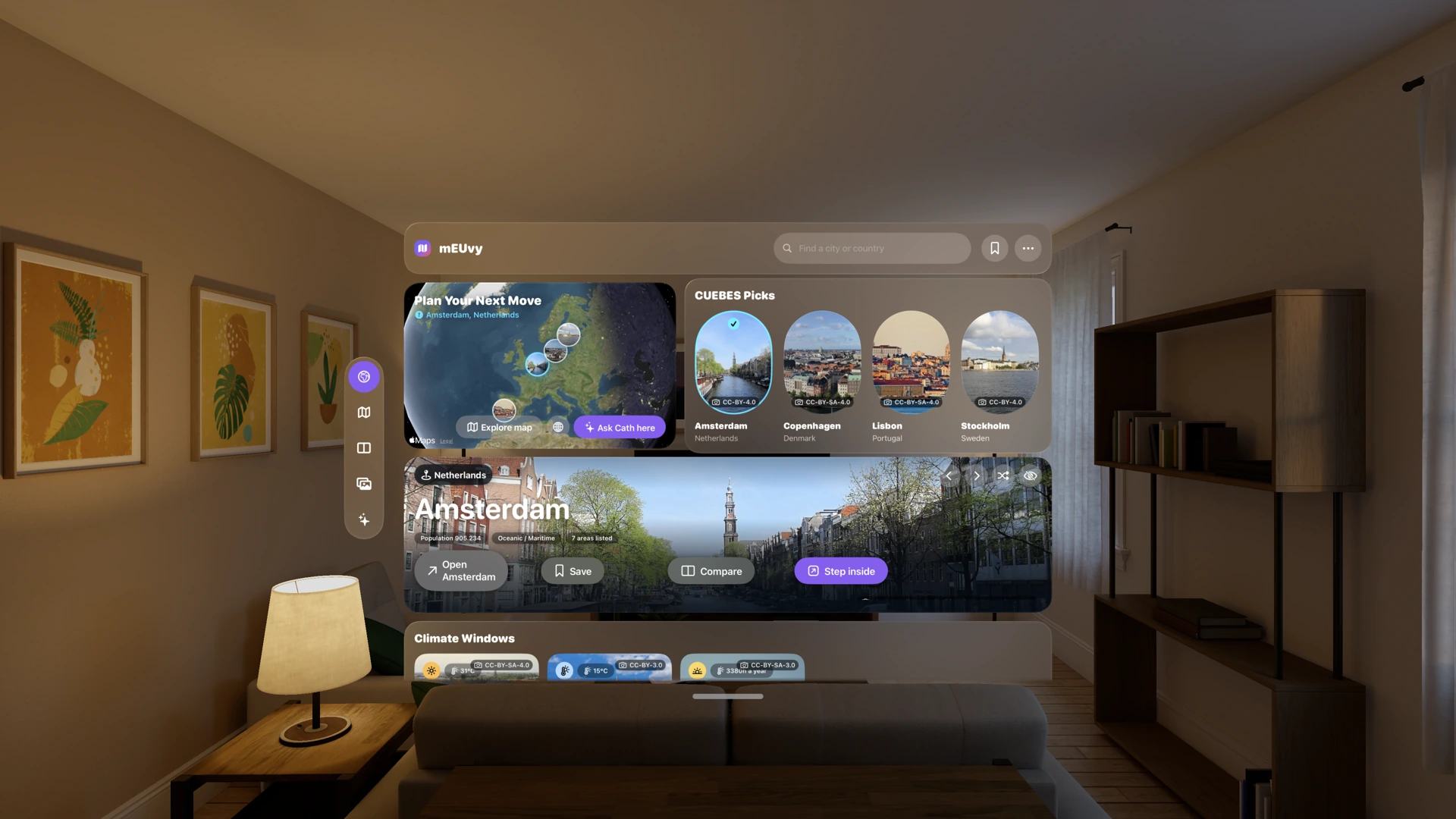 The mEUvy visionOS prototype discovery workspace in a simulated living room